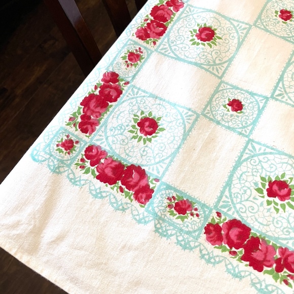 Vintage Aqua Red Printed Floral Cotton Tablecloth Six Napkins Set READ PLEASE - Picture 4 of 15